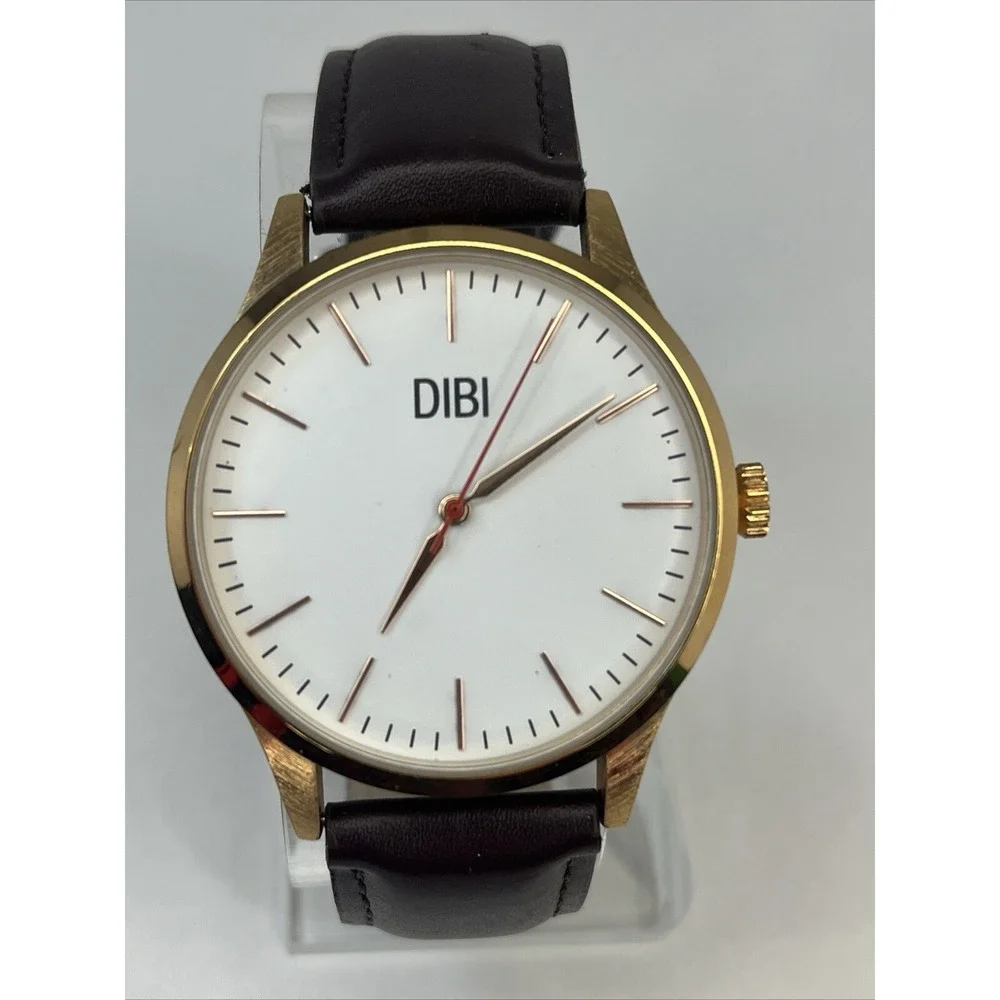 DIBI Men's White Round Dial Rose Gold Tone Brown Faux Leather Watch- New Battery